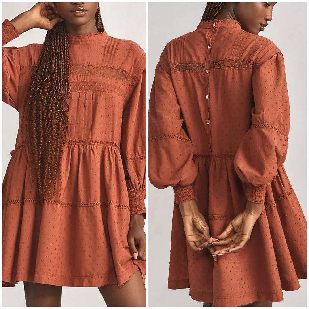 NWT Anthropologie Pilcro Orange Mock Neck Tiered Lace Trim Mini Dress XLP